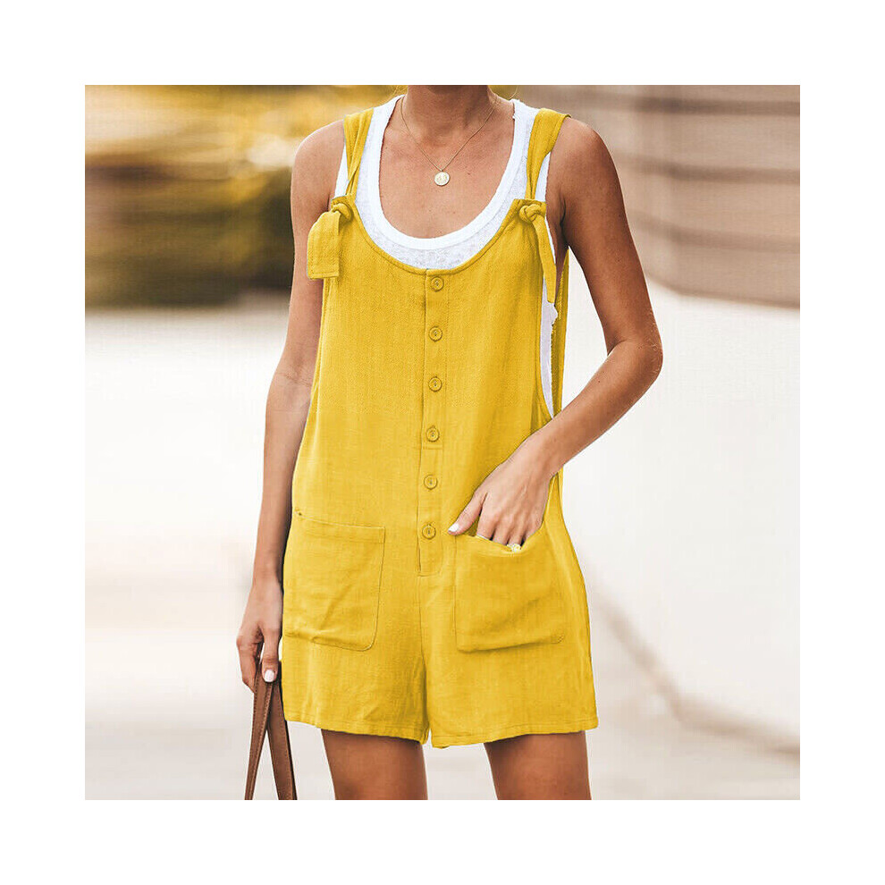 (Yellow, Tag Size 2XL=UK Size 18) Womens Linen Cotton Jumpsuit Dungarees Pocket Shorts Playsuit Overalls Rompers-image-OPC-PBRCTMZ-NEW
