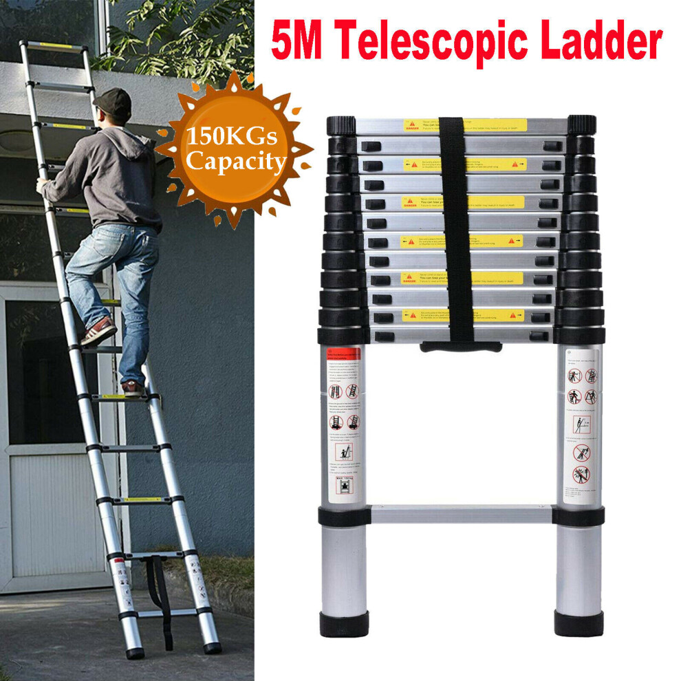 5M Aluminium Extendable Ladder 16.5FT Multi-Purpose Straight Ladders for Outdoor Indoor DIY Jobs 330lbs/150kg Capacity