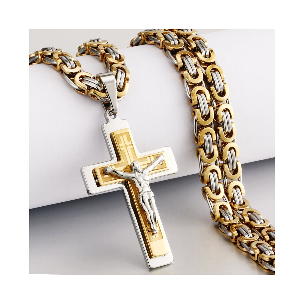 (Light Yellow Gold Color, 45cm) Religious Men Stainless Steel Crucifix Cross Pendant Necklace Heavy Byzantine Chain Necklaces Jesus Christ Holy Jewelry