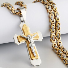 (Light Yellow Gold Color, 70cm) Men Stainless Steel Jesus Christ Heavy Crucifix Cross Pendant Necklace Holy Byzantine Chain Necklaces Religous Jewelry
