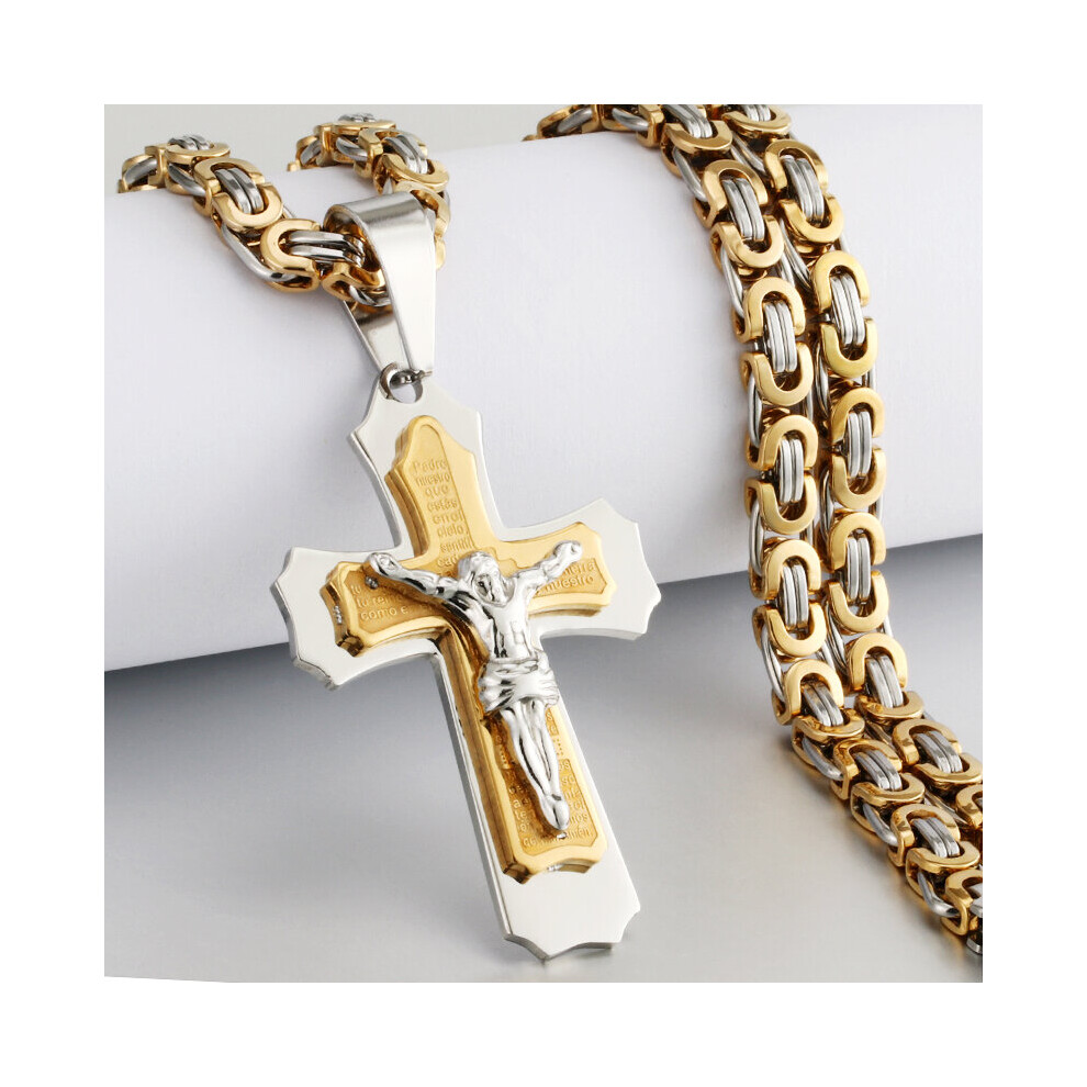 (Light Yellow Gold Color, 70Cm) Men Stainless Steel Jesus Christ Heavy Crucifix Cross Pendant Necklace Holy Byzantine Chain Necklaces Religous Jewelry Multicoloured