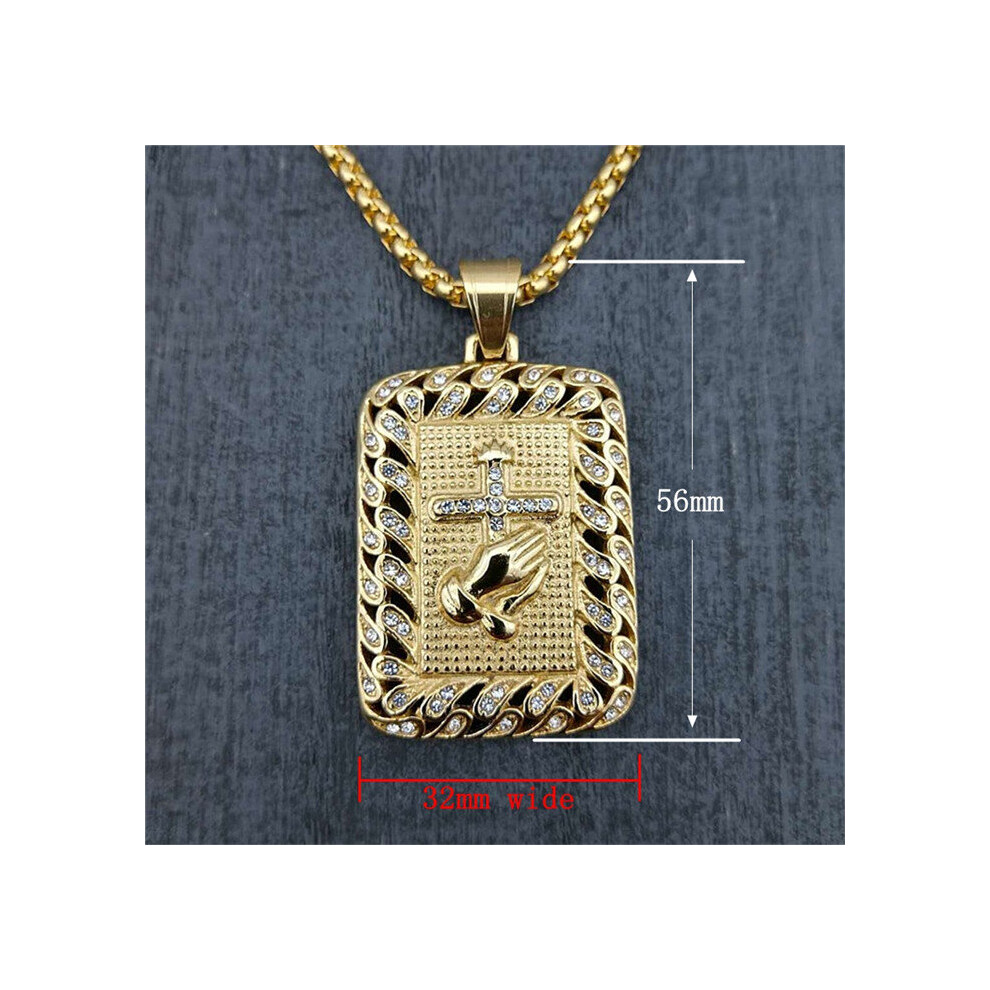 (Gold-color, 55cm) Religious Square Praying Hands Cross Pendant Necklace for Women/Men Stainless Steel Christian Necklaces Male Jewelry