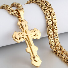 (Light Yellow Gold Color, 45cm) Multilayed Rivet Cross Pendant Necklace Stainless Steel Church Link Chain Necklace for Men Orthodox Prayer Jewelry Gift