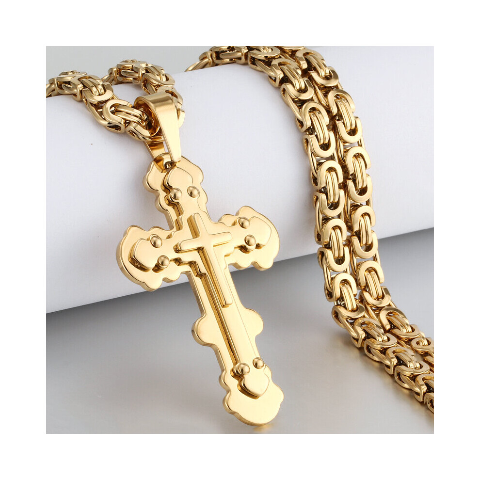 (Light Yellow Gold Color, 45cm) Multilayed Rivet Cross Pendant Necklace Stainless Steel Church Link Chain Necklace for Men Orthodox Prayer Jewelry Gift