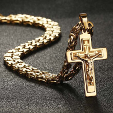 (Light Yellow Gold Color, 65cm about 26inch) Diyalo Men's Stainless Steel Jesus Christ Holy Crucifix Cross Pendants Necklaces Orthodox Long Chain Necklaces Boys Jewelry