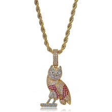 Hip Hop Micro Paved AAA+ Cubic Zirconia Iced Out Bling Nighthawk Owl Pendants Necklace for Men Rapper Jewelry Silver