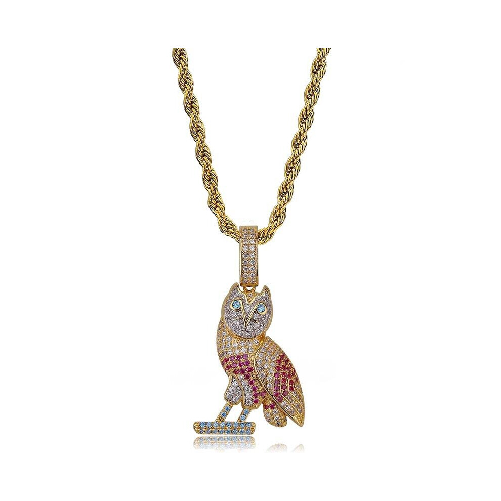 Hip Hop Micro Paved AAA+ Cubic Zirconia Iced Out Bling Nighthawk Owl Pendants Necklace for Men Rapper Jewelry Silver