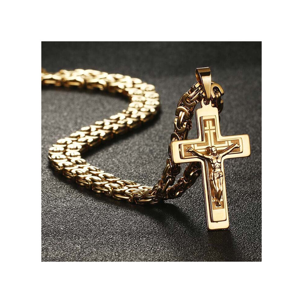 (Light Yellow Gold Color, 55cm) Diyalo Men's Stainless Steel Jesus Christ Holy Crucifix Cross Pendants Necklaces Orthodox Long Chain Necklaces Boys Jewelry