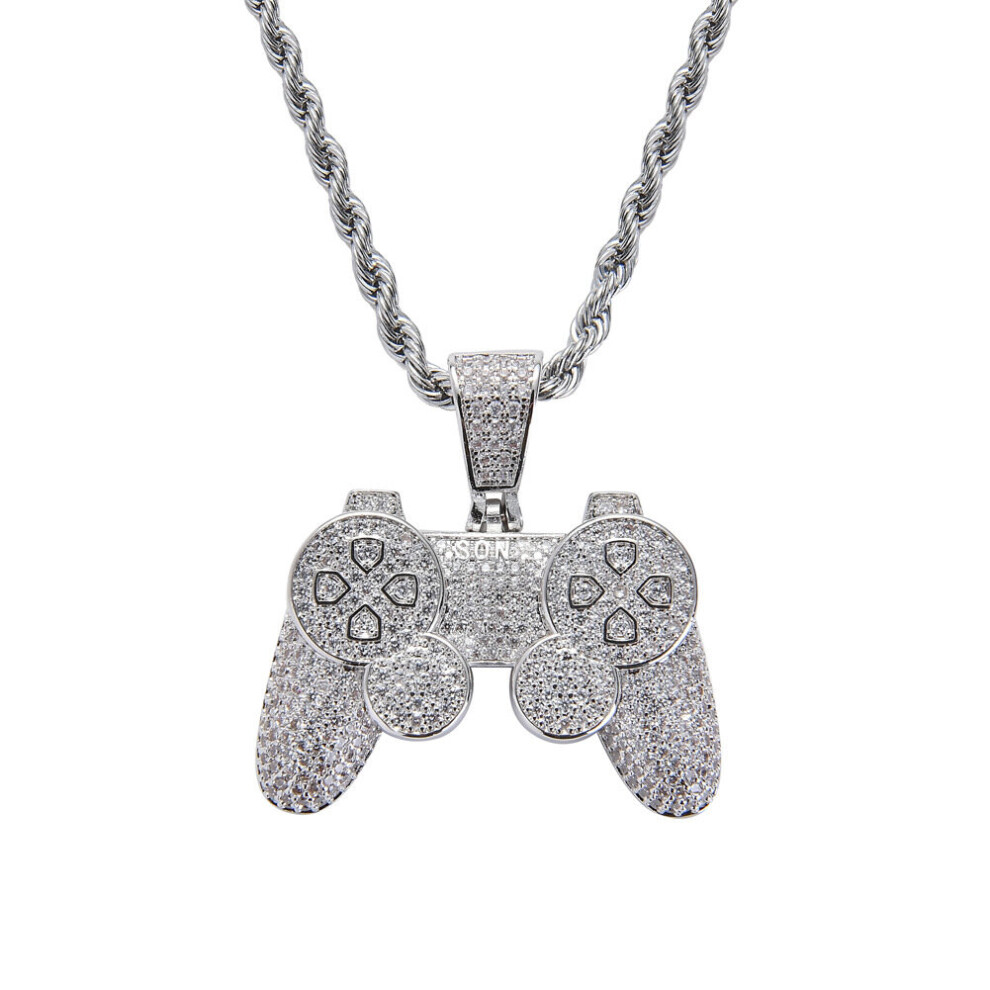 (Light Yellow Gold Color, 45cm) Game Console Pendants Iced Out Chain Bling CZ Silver Men's Hip Hop Rock Necklace Jewelry Kids Boy