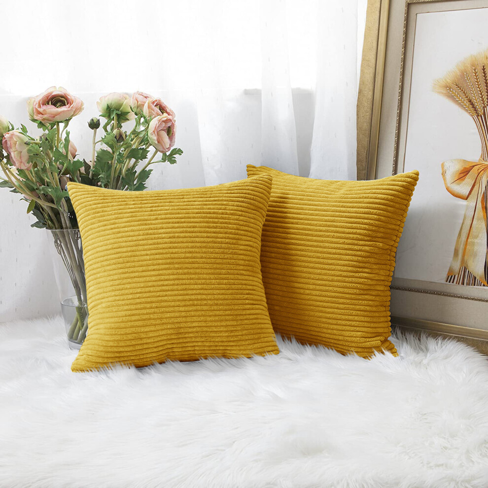 (Ochre Mustard Patterned , Pack of 2) Velvet Cushion Covers Plain & Stripe Patterned Cushion Covers Set Pack of 2 & 4