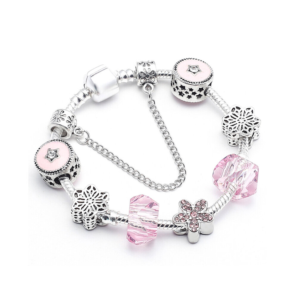(Hot Stamping, 17cm) Pink Crystal & Class Beads Charm Bracelets Fits DIY Bracelet Bangles For Women Lover Jewelry Gift-image-OPC-PBRD8RD-NEW