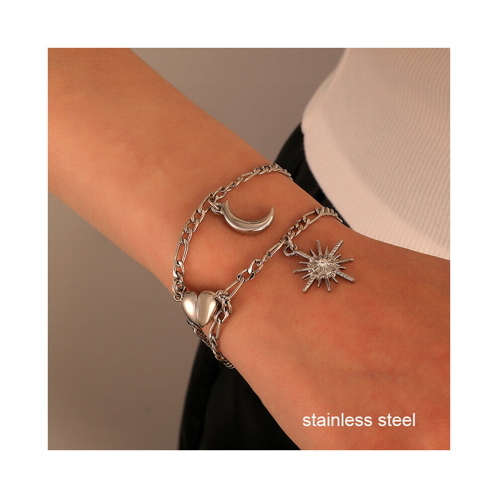 Sun and Moon Stainless Steel Bracelets for Women Men Magnet Heart Cuba Chain with Pendant Paired Schmuck Gift-image-OPC-PBRD9B5-NEW