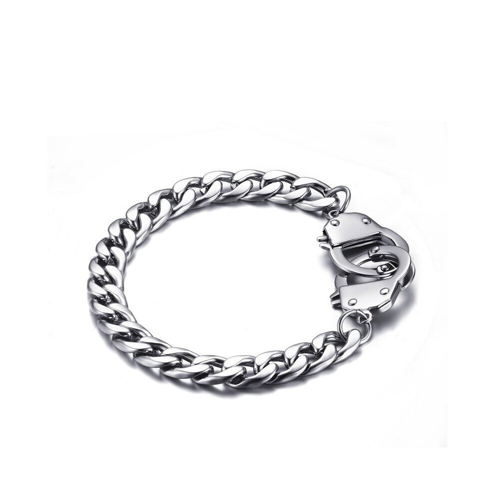 (Silver Plated, 22cm) bracelet men's stainless steel handcuffs accessories chain on hand charm Steampunk cuff bracelet punk couple bracelet jewelry