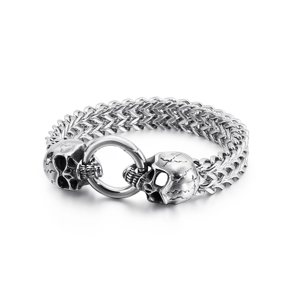 (Light Yellow Gold Color, 20cm) Punk Stainless Steel Skull Charm Bracelet Men Mesh Chain Bangle Man Jewelry Accessories
