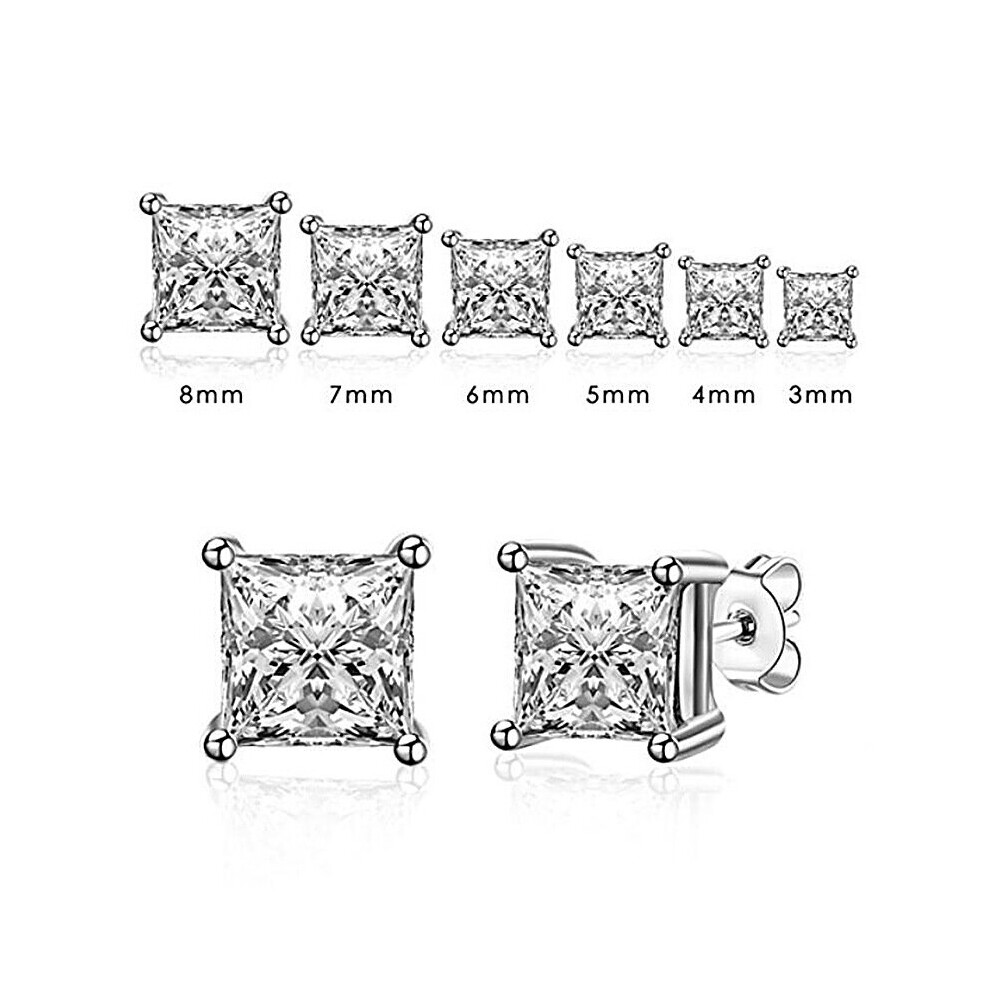 (Pure Gold Color) 925 Sterling Silver Stud Earrings For Women 4-Claws Square Zirconia Earring Wedding Engagement Bridal Diamond Jewelry Gift