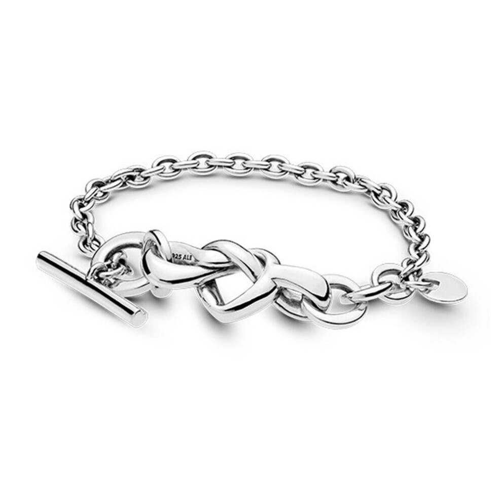 (Hot Stamping, 20cm) Women's Bracelets Sterling Silver Knotted Heart Charms T-Bar Bracelet 925 Bangle Gift
