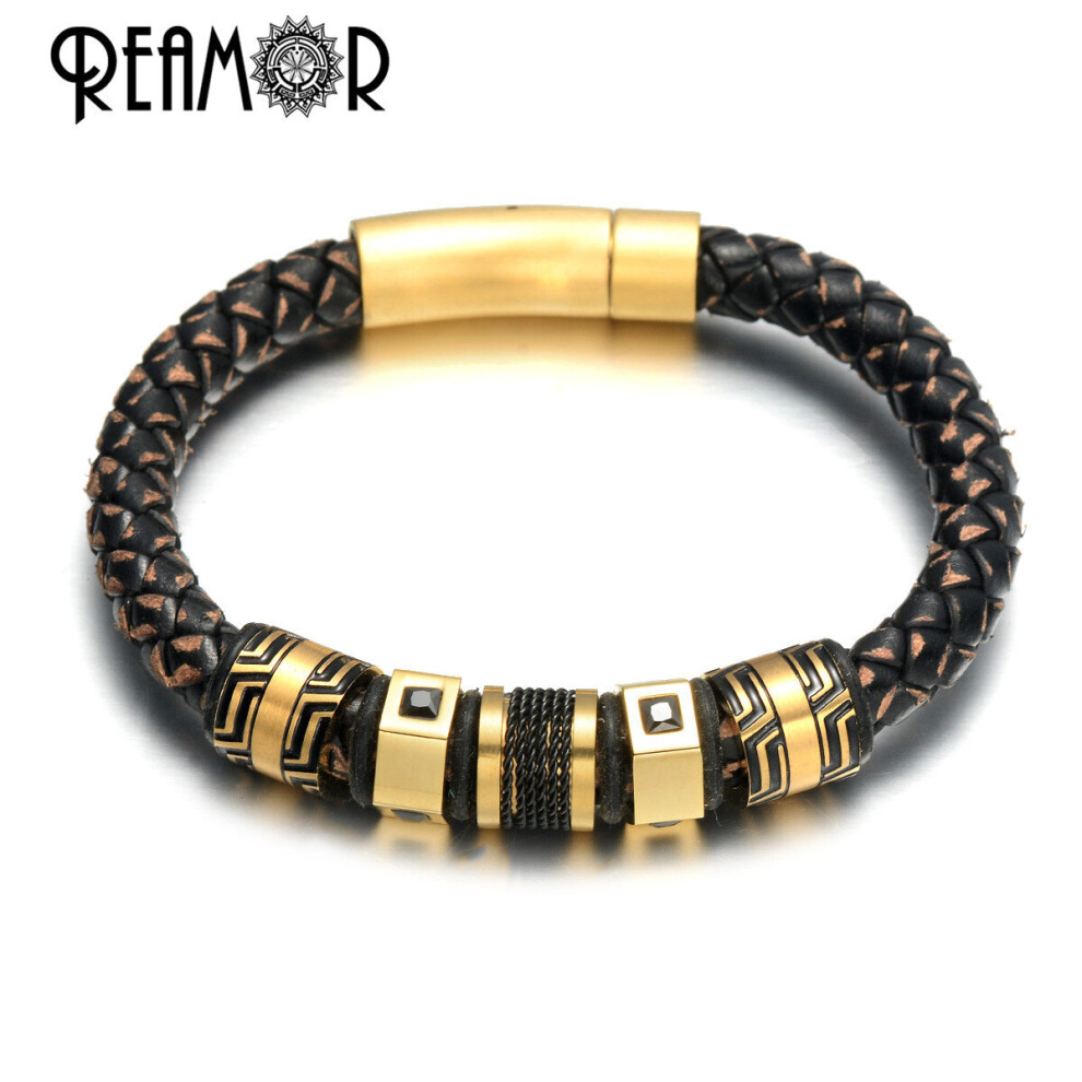 (Light Yellow Gold Color, 19cm) Stainless Steel Zircon Beads Charm Bracelets For Men Leather Braided Bangle Jewelry-image-OPC-PBRDDZX-NEW