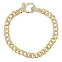 (Gold-color, 16.5cm) Iced Out Hip Hop Big Lock Lobster Charm Bracelet Bling Micro Pave CZ Cuban Link Chain Bracelets Women Jewelry
