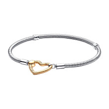 (Hot Stamping, 18cm) Moments Snake Bone Bracelet 925 Sterling Silver Heart Closure Love Gift Jewelry