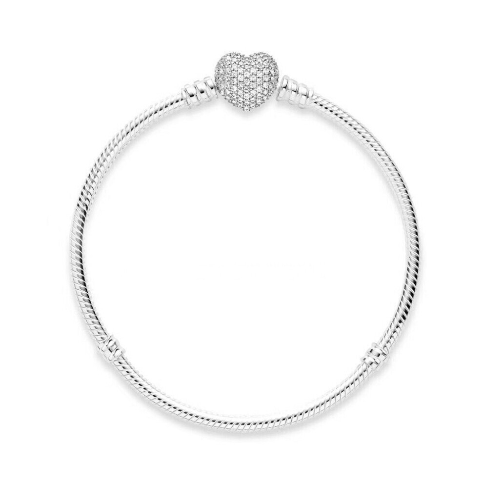 925 Moments Sparkling Heart Clasp Snake Chain Bracelet Silver Jewelry Gift 590727CZ
