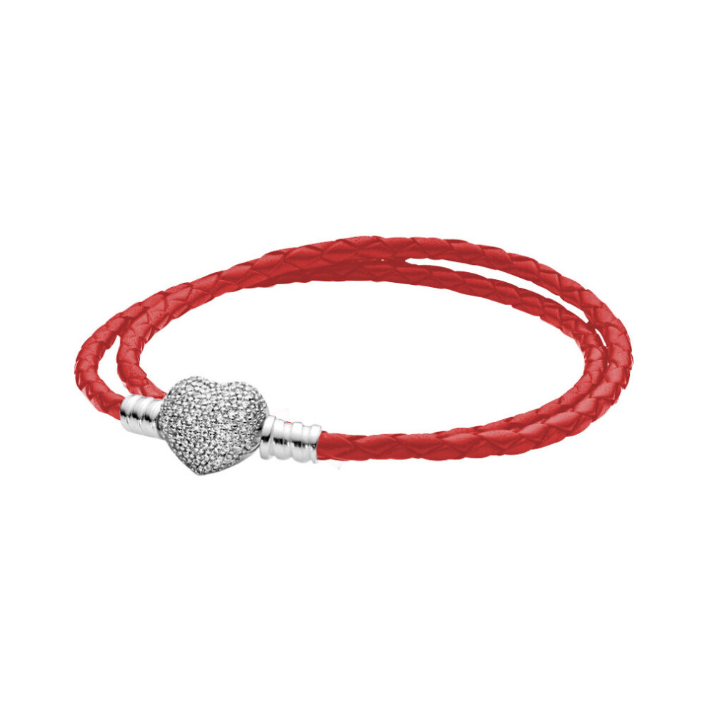(Hot Stamping, 21cm) Moments Bracelet Double Woven Leather Sparkling Heart S925 Sterling Silver Birthday Gift Charming Jewelry-image-OPC-PBRDGG9-NEW