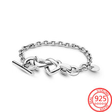 (Hot Stamping, 20cm) 925 Sterling Silver Knotted Heart T-Bar Bracelet Fit European Beacelet Silver 925 Jewelry