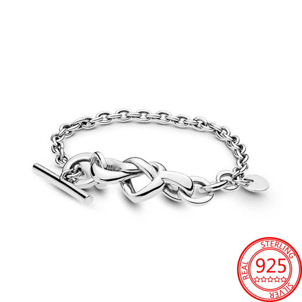 (Hot Stamping, 20Cm) 925 Sterling Silver Knotted Heart T-Bar Bracelet Fit European Beacelet Silver 925 Jewelry Multicoloured
