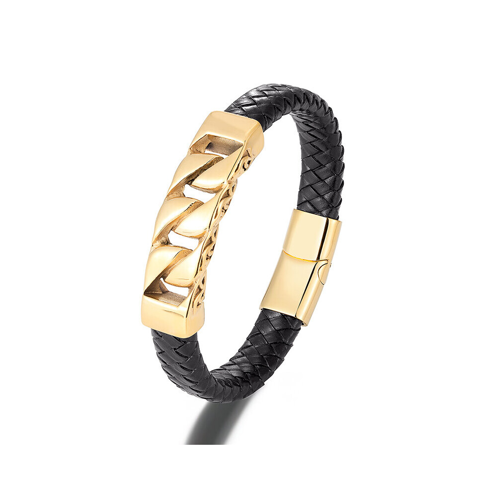 (Light Yellow Gold Color, 23cm) Bracelets For Men Stainless Steel Leather Rope Magnetic Clasp Accessories Male Charm Bracelets Wristband Rock Boyfrien-image-OPC-PBRDGSW-NEW