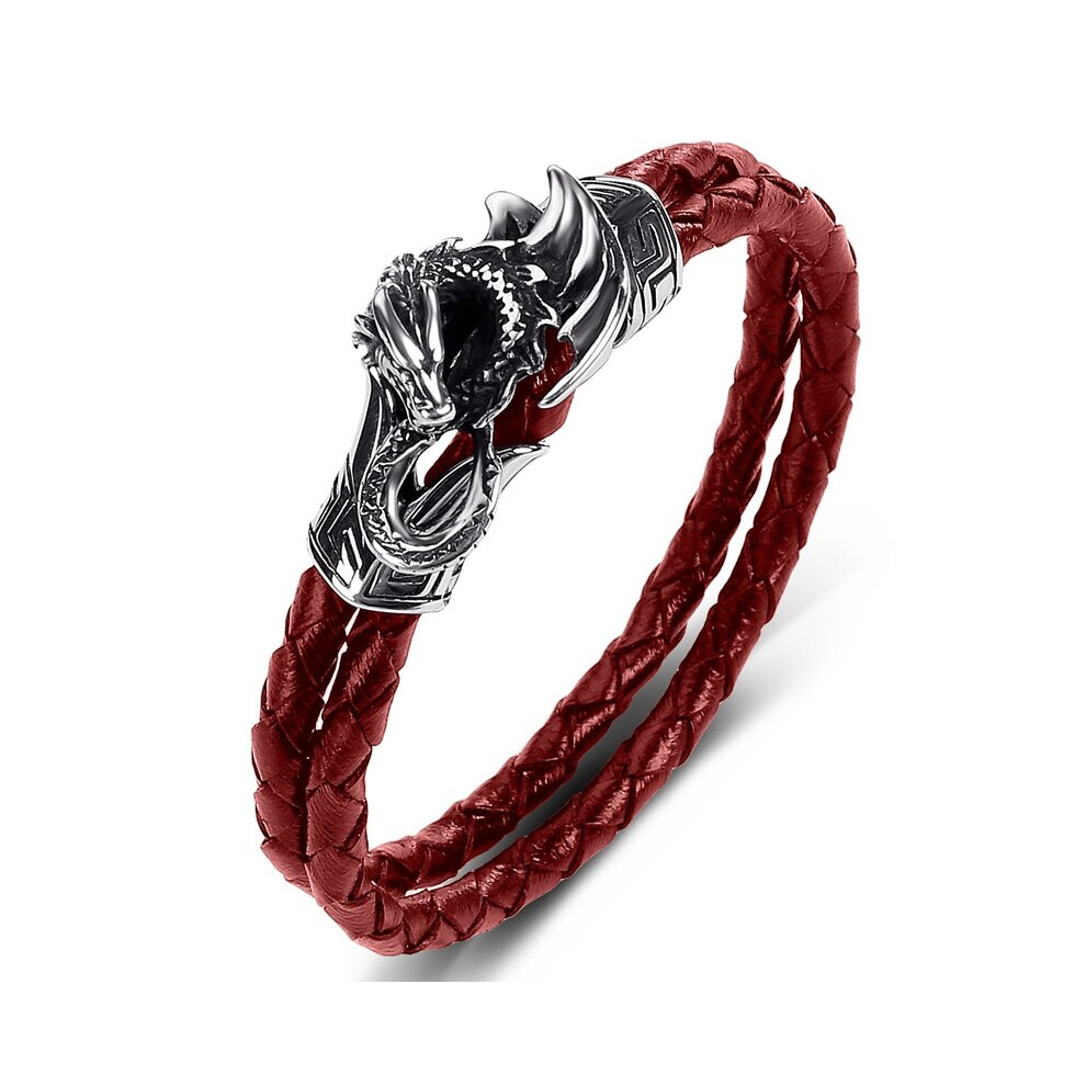 (Hot Stamping, 16.5cm) Double Braided Leather Hand Bracelet Men Stainless Steel Flying Dragon Bangles Punk Hip Hop Jewelry Male Wristband P549-image-OPC-PBRDHFF-NEW