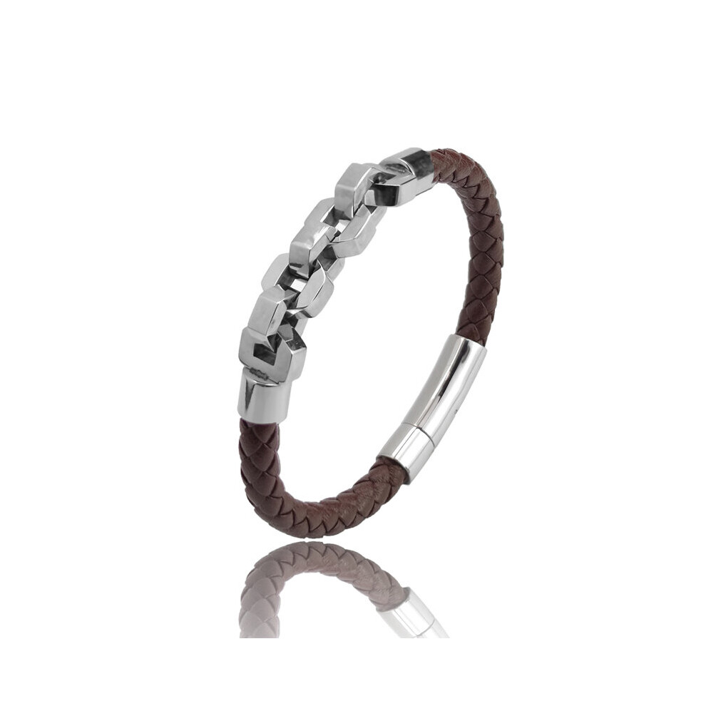 (Hot Stamping, 22cm) Interlocking Stainless Steel Magnetic Clasp Brown Cowhide Leather Men Women Bracelets Charms for Bracelets-image-OPC-PBRDJCS-NEW