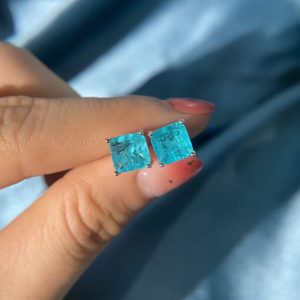 Vintage 100% 925 Silver Paraiba Tourmaline Gemstone Birthstone Ear Studs Earrings Ladies Fine Jewelry Womens Earrings