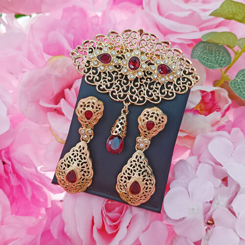 Moroccan Wedding Jewelry Set Arabian Robe Pin Colorful Crystal Brooch Moon Shape Pendant Earrings Bridal Gift on OnBuy