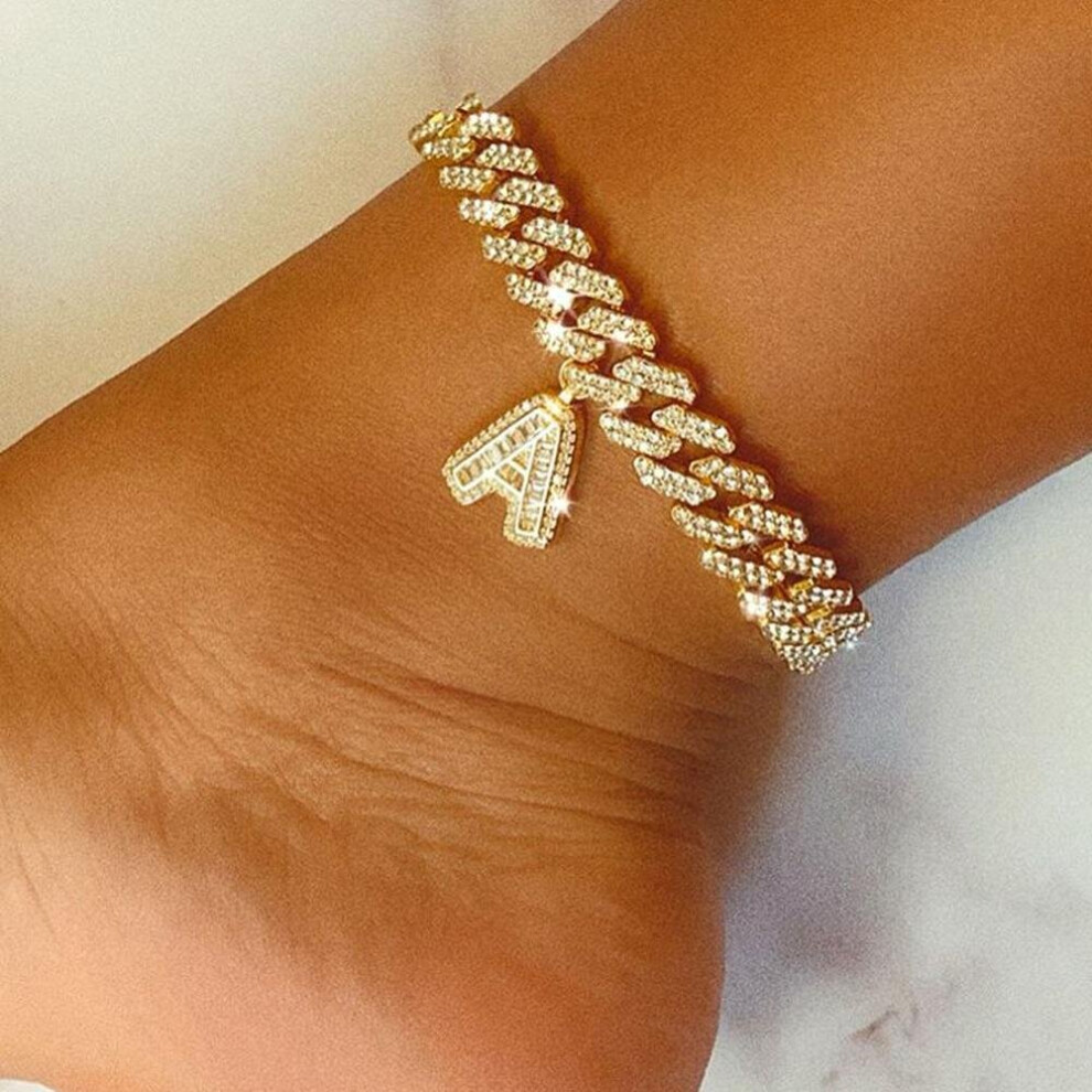 (Gold) 12mm DIY Layered Initial Cuban Link Chain Iced Out Anklets for Women Cuban Anklet Ankle Bracelet Stainless Steel Jewelry