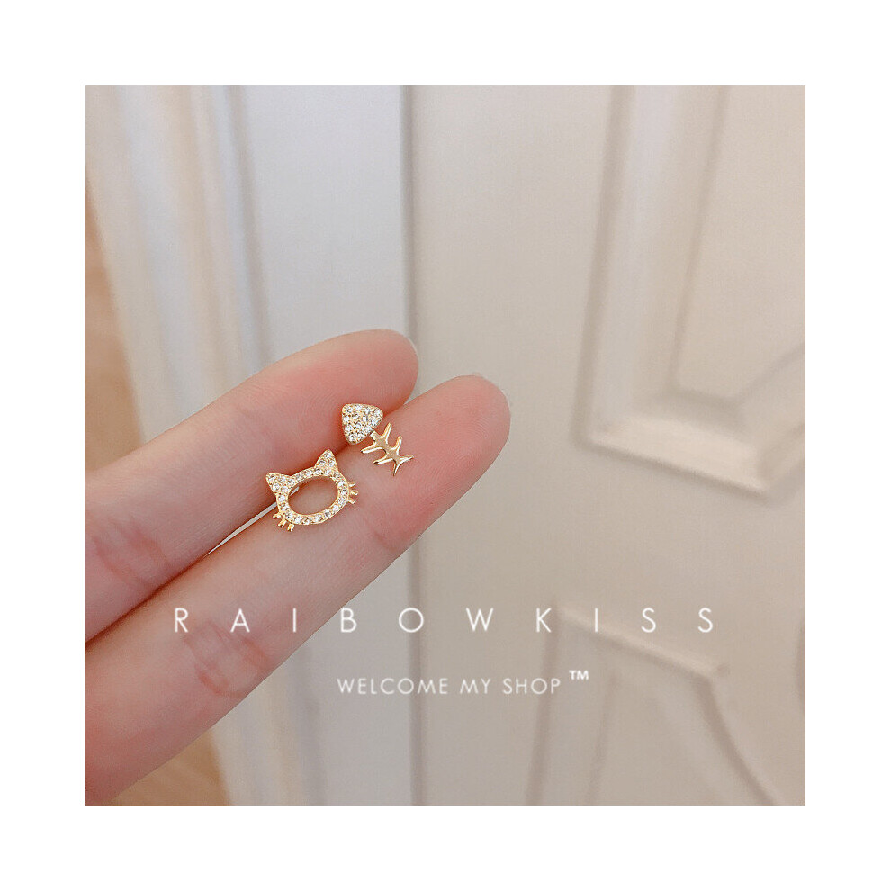 Small Cat Fish Bones Stud Earrings Zircon Asymmetrical For Women Earrings-image-OPC-PBRF2VX-NEW
