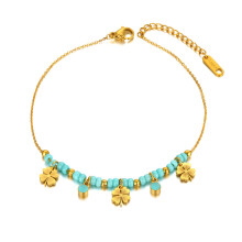 Titanium Stainless Steel Link Chain Anklets For Women Girls Glaze Flower Charm Foot Anklet Jewelry A22005
