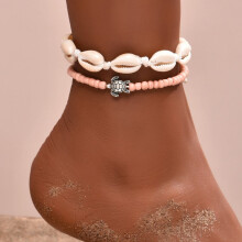 2PCS Bohe Ethnic Braided Rope Chain Rice Beads Anklets Set For Women Girls Turtle Charm Foot Chain Beach Anklet Bracelet Jewelry