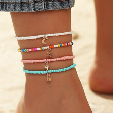 4Pcs/Set Bohemian Multicolor Rice Bead Anklet Lock Shaped Star Moon Pendant Hand Woven Anklet set Foot Chains For Girls Summer