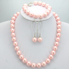 Necklace for Women 12mm Pink Pearl Necklace Bracelet Earrings Sets Jewelry Mother's Anniversary Christmas Girls