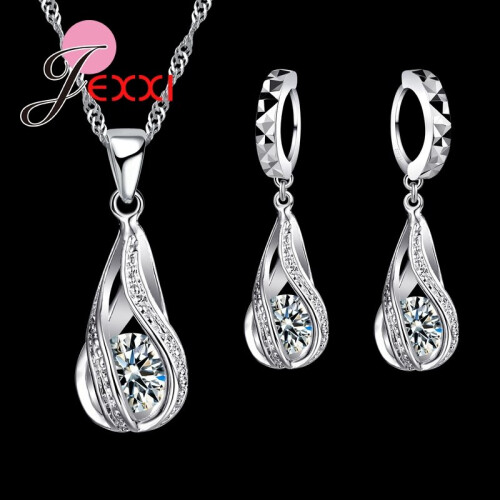 925 Sterling Silver Classic Drop Shape Crystal Jewelry Sets Water Wave Necklace Pendant Hoop Earrings