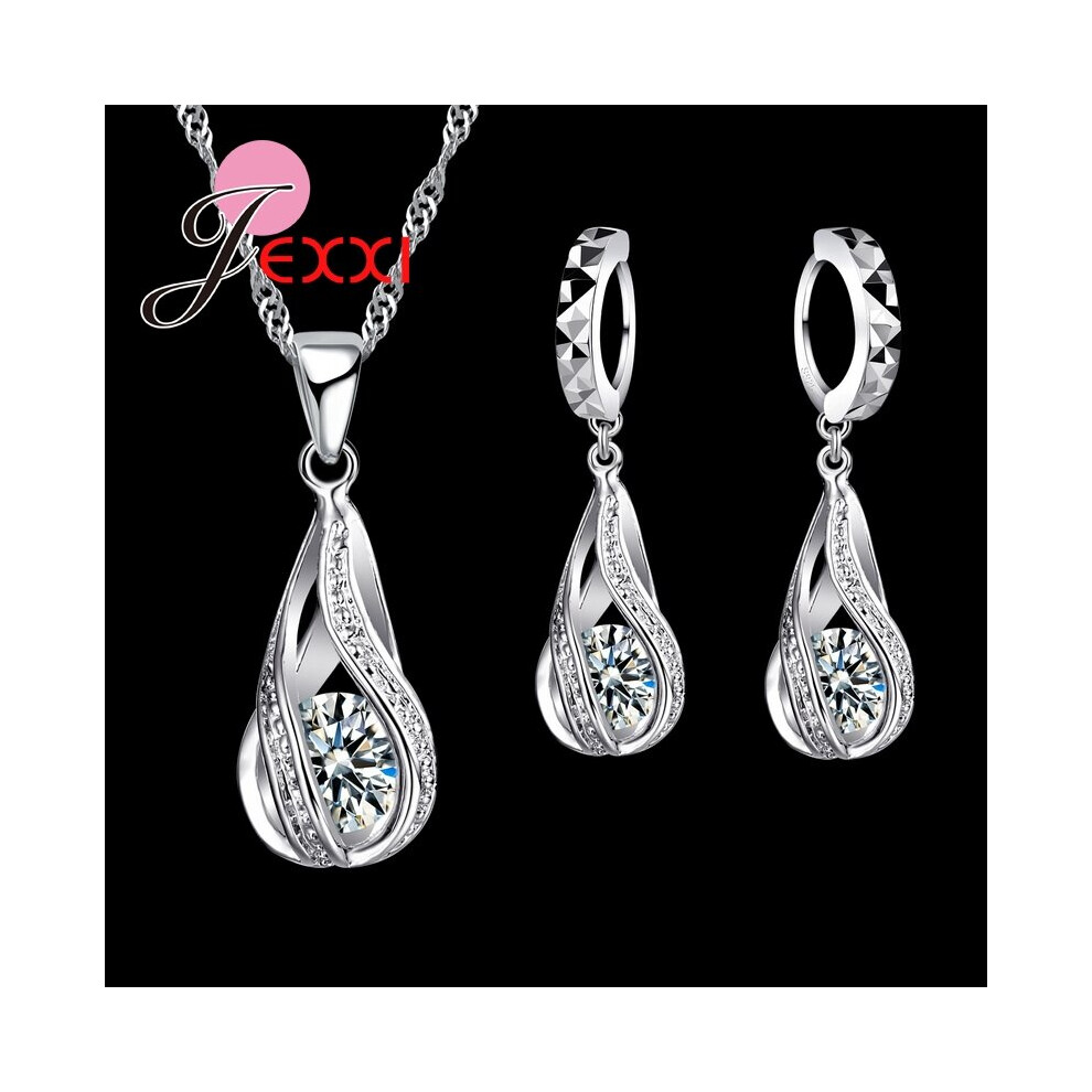 925 Sterling Silver Classic Drop Shape Crystal Jewelry Sets Water Wave Necklace Pendant Hoop Earrings