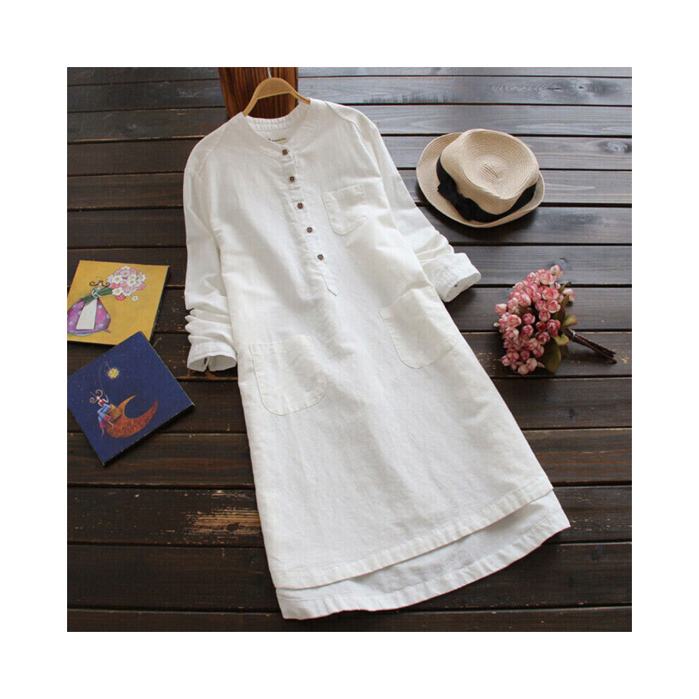 (White, 5XL) Womens Long Sleeve Collared Cotton Linen Pullover Dress Ladies Solid Shift Dress-image-OPC-PBRFKGK-NEW