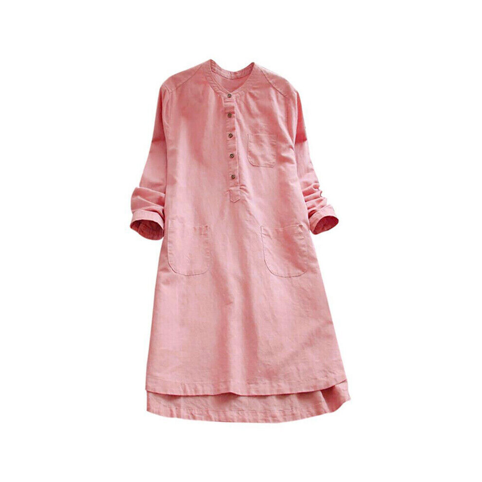 (Pink, 2XL) Womens Long Sleeve Collared Cotton Linen Pullover Dress Ladies Solid Shift Dress-image-OPC-PBRFKHZ-NEW