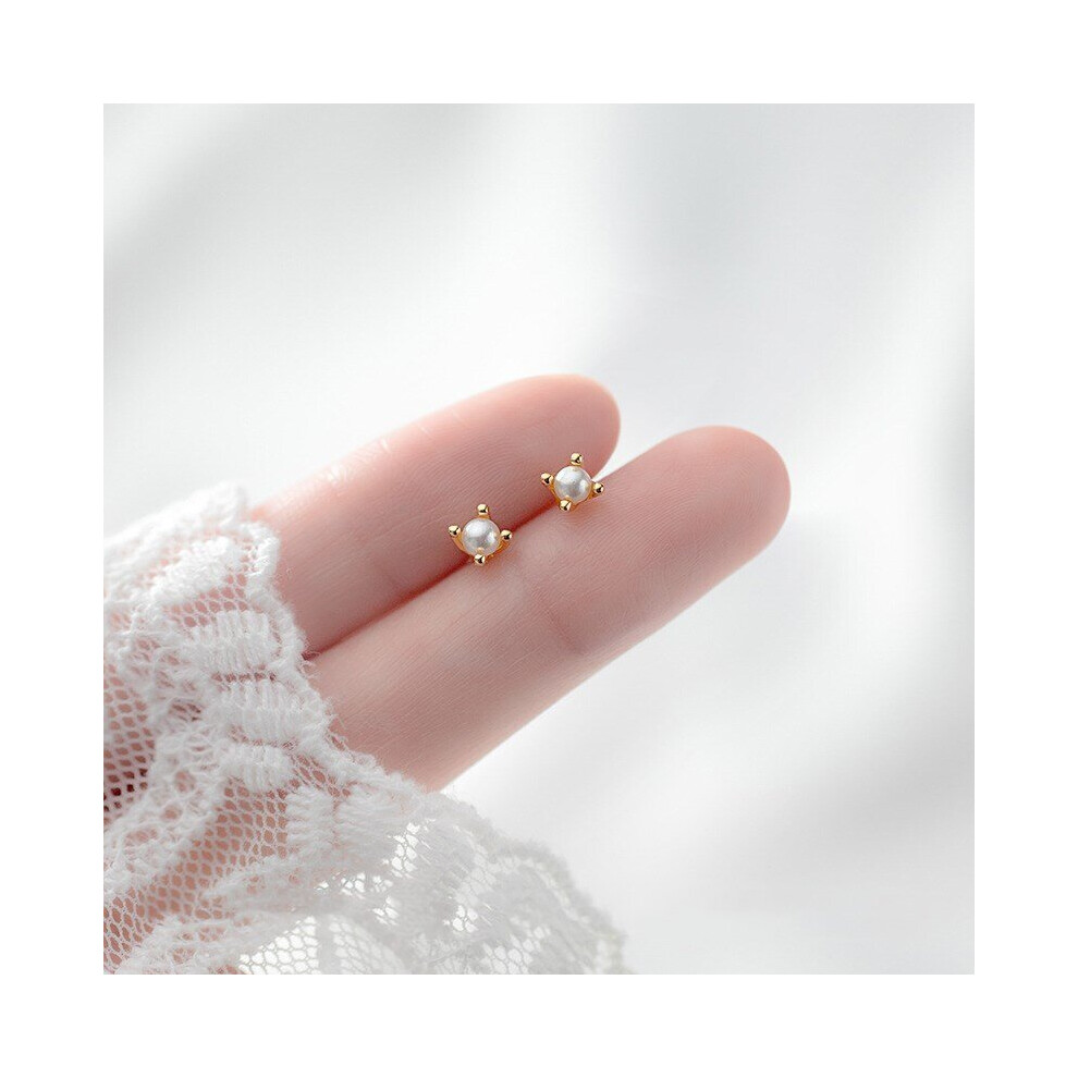 Minimalist Real 100% 925 Sterling Silver Mini Small Crown Pearl Stud Earrings for Women Student Teen Jewelry Gift