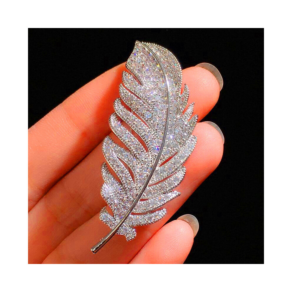 Crystal Feather Brooches Rhinestone Alloy Plant Brooch Lady Party Safety Pins Silver