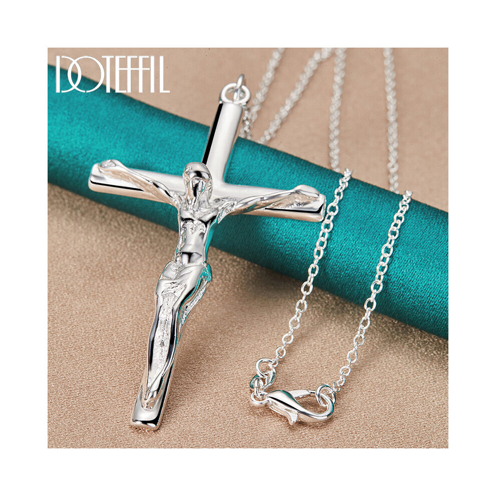 (White, 60cm) 925 Sterling Silver Jesus Cross Pendant Necklace 16/18/20/22/24/26/30 Inch Chain For Woman Man Charm Wedding Jewelry