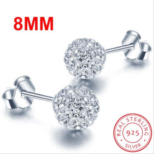 High 925 Sterling Silver Rhinestones Crystal Ball Stud Earring Bead Jewelry 10mm 8mm 6mm Stud Earring For Female Jewelry