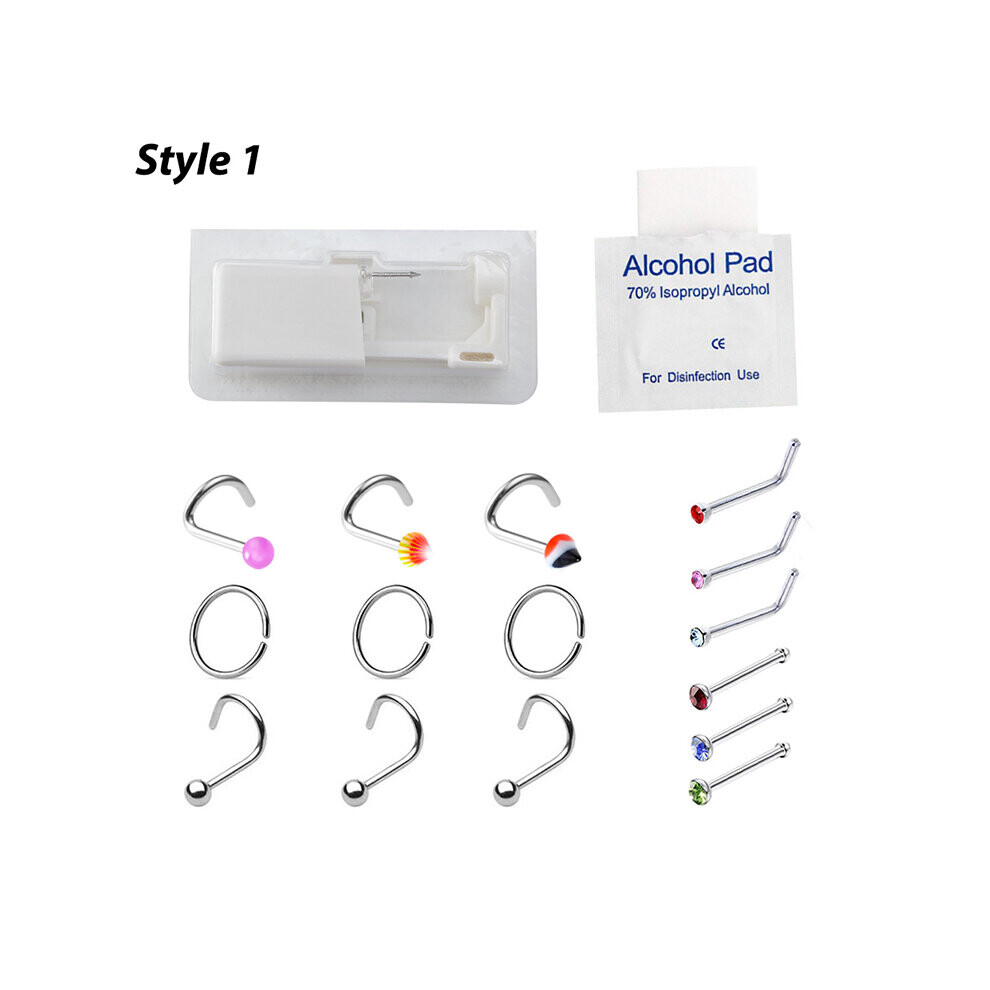 Multicoloured Nose Piercer Tool Body Jewelry Disposable Sterile Nose Piercing Gun Piercing Kit With Cz Studs Surgical Steel Nose Ring Stud 20G