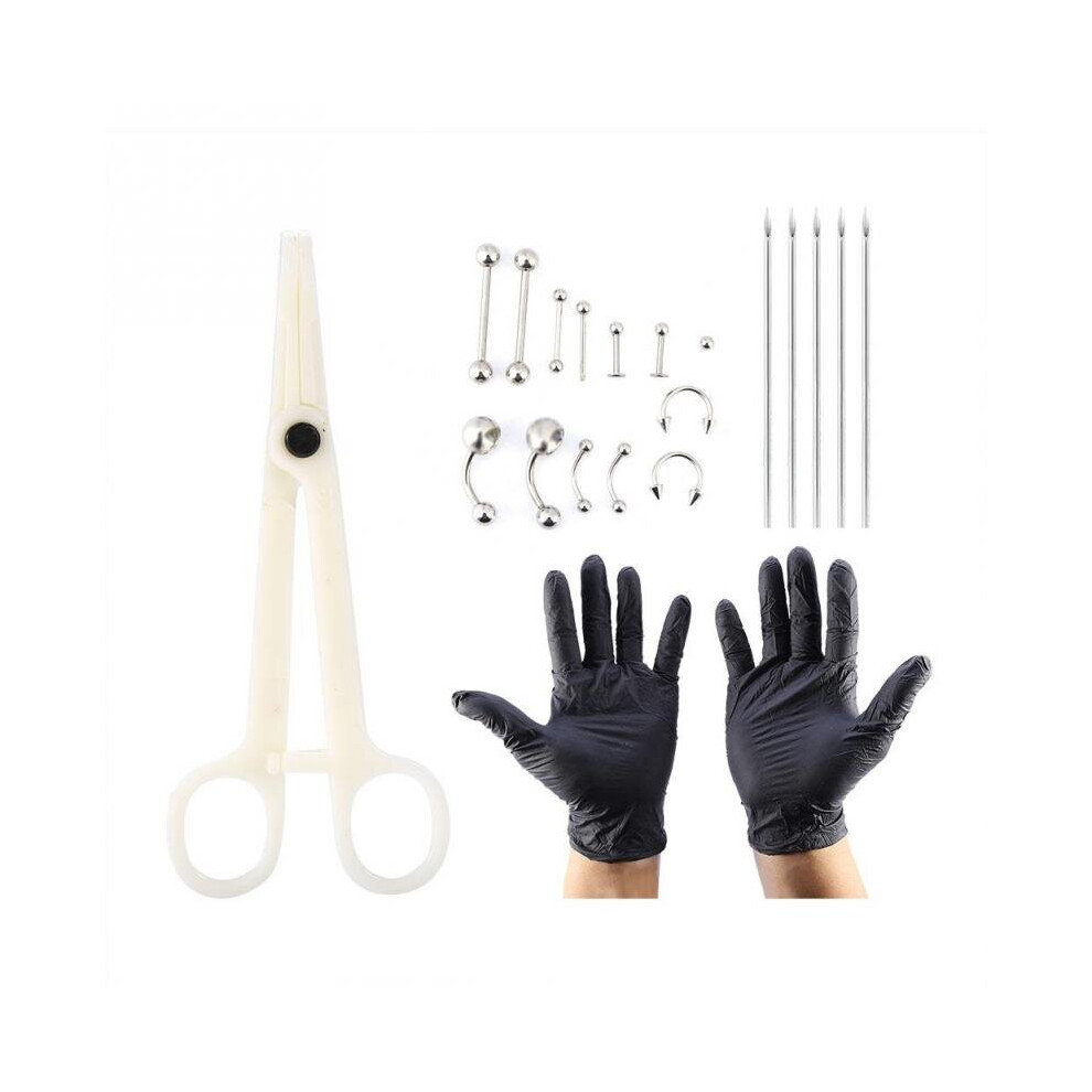 Multicoloured 20Pcs/Set Tongue Nose Belly Button Body Jewelry Piercing Rings Clamp Gloves Needles Tool Kit Ear Plug Prong Body Piercing Kits