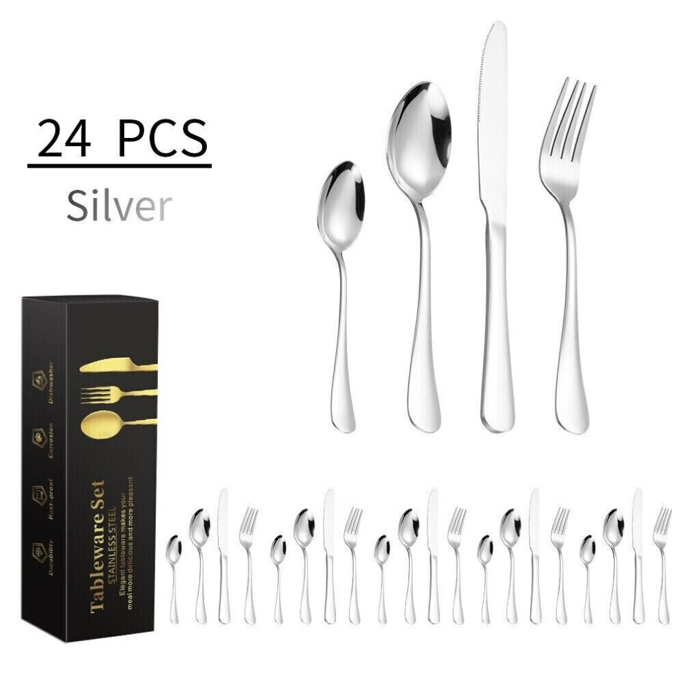 24PCS Cutlery Sets Brushed Silver Stainless Steel Spoon Knife Fork Set