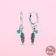 925 Sterling Silver Turquoise Hearts And Feather Hoop Earrings For Women Earring Jewelry Gift